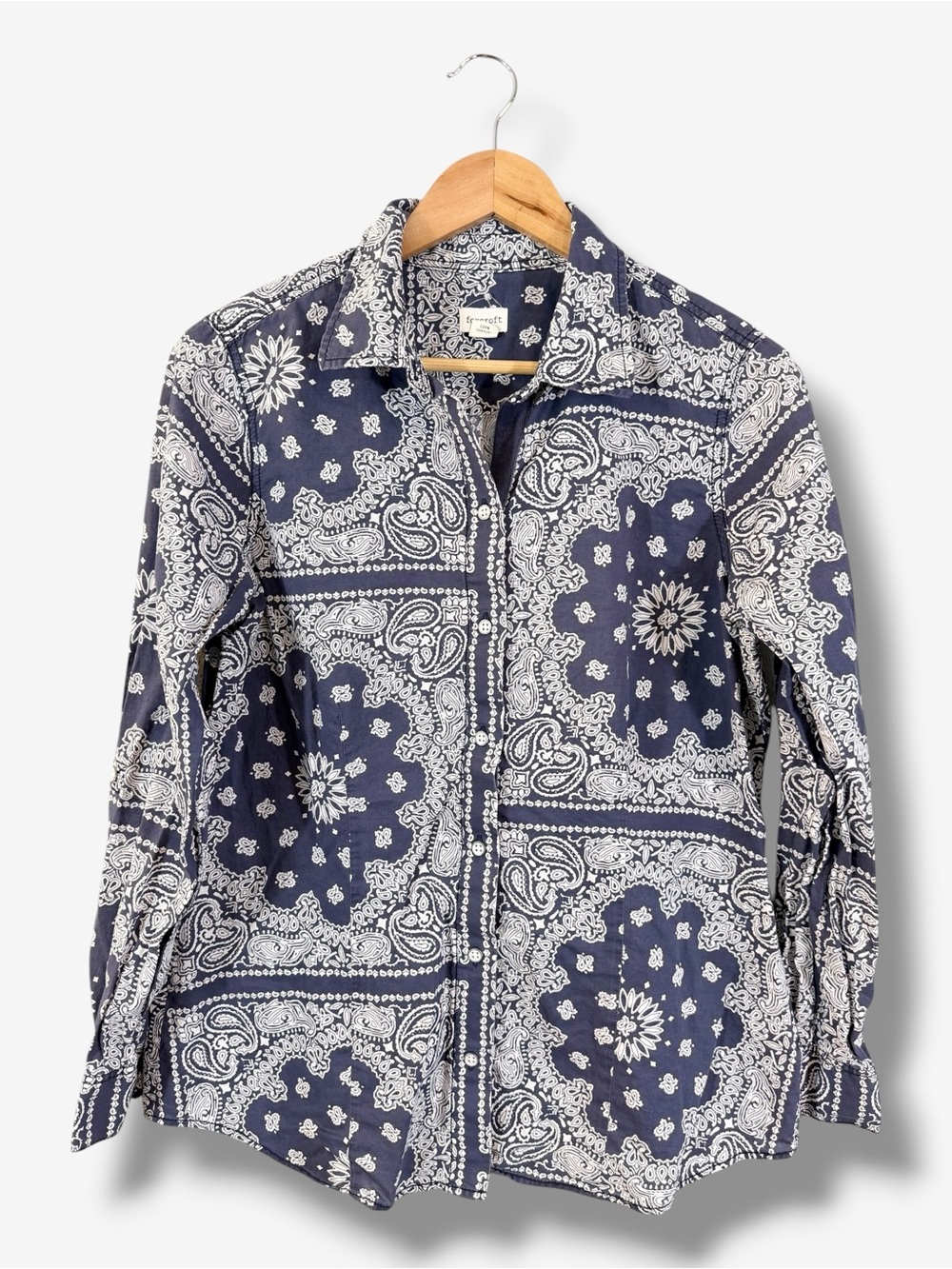 Foxcroft Blue Bandana Print Button Down Shirt Size 10 Long Sleeve Cotton Preppy
